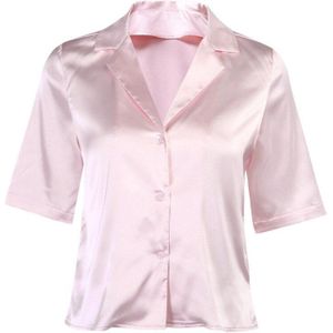 Dames Werkkleding Turn Down Kraag Roze Vrouwelijke Satijn Zijde Roze Blouse Shirts Vrouwen Tops Blusas Femininas Elegante Korte Mouwen top