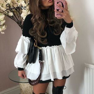 Simplee Casual Herfst Vrouwen Patchwork Blouse Hoge Hals Lange Mouw Kantoor Dame Gebreide Shirt Wit Dubbele Ruche Grote Swing Top