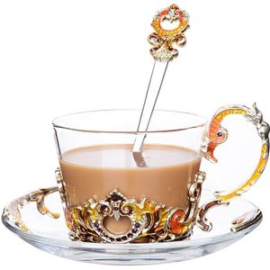 Europese Familie Thee Cups Glas Emaille Duurzaam Elegante Koffie Beker Met Lepel Kristallen Glazen Metalen Bloem Graveren Drinkware