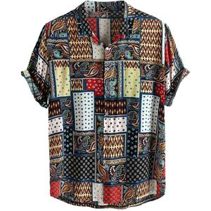 Womail Vintage Etnische Stijl Mannen Shirt Afdrukken Losse Katoenen Korte Mouw Stand Kraag Ademend Tops Hawaiian Shirts