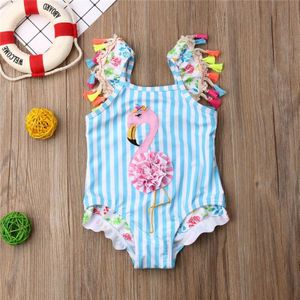 Kids Baby Meisjes Flamingo Bikini Pasgeboren Baby Meisjes Blauw Gestreept Badmode Kwastje Een stuk Badpak Badpak Beachwear