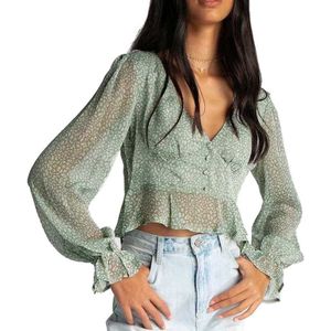 Boho Geïnspireerd Groen Luipaard Crop Top Lange Mouwen Gesmokt Blouse Vrouwen Chic Ruffle Boho Shirt Casual Chic Zomer Top Mode