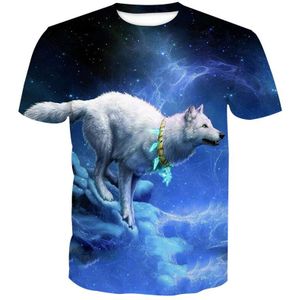 Groene Decoratie Wit Springen Wolf Blauw Sterrenhemel Print 3D Korte Mouw T-shirt