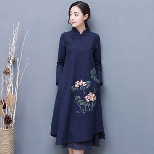 Elegante Chinese Jurken Katoen Linnen Stand Kraag Patchwork EEN Lijn Jurk Schilderen Casual Losse Vestido Gewaad Vintage Femme TA2123