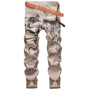 Mannen Kaki Dragon Tiger Gedrukt Jeans Slim Fit Rechte Broek