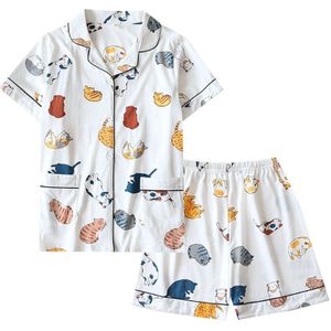 Japanse Stijl Kimono Katoenen Pyjama Voor Vrouwen Zomer Homewear Kat Print Harajuku Dunne Korte Mouwen Yukata Kawaii Top Broek Set