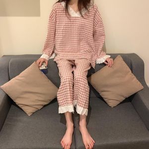 Zoete Pyjama Set Vrouwen Katoen Steek Pyjama Student Lente Nachtkleding Lange Mouw Broek Sexy Kant V-hals Homewear