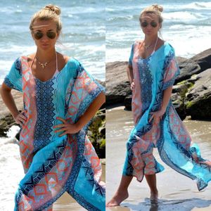 Boho Zomer Afdrukken Strand Jurk Vrouwen Badpak Cover Ups Sarong Bikini Lange Gewaad Pareo Tuniek Capes Kaftan Coverup