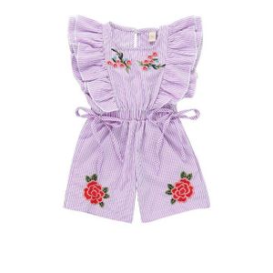 Baby Kleding Leuke Peuter Baby Meisje Romper Korte Bloemblaadje Mouw Elastische Taille Bloemenprint Gestreepte Blue Lace Up Jumpsuits