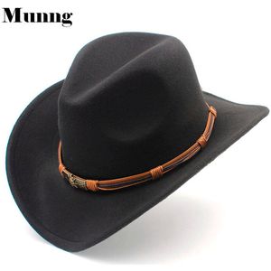 Munng Outdoor Mannen Vrouwen Wol Blend Brede Rand Westerse Vintage Cowboy Hoed Piraat Icoon Accessoires Riem