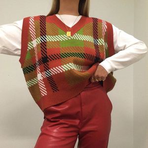 Weekeep Plaid Gebreide Streetwear Losse Tank Top Voor Vrouwen V-hals Casual 90S Vintage Trui Vest Herfst Knitwear vesten