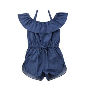 Nieuw Zomer Denim Mode Romper Baby Baby Meisjes Off Shoulder Korte Mouw Blauw Elastische Taille Jumpsuits Outfit 1-6Y