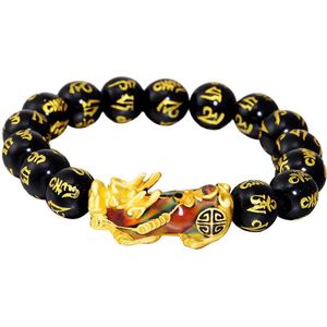 Feng Shui Groen/Zwart Obsidiaan Legering Rijkdom Gouden Bixie Armband Lucky Sieraden EIG88