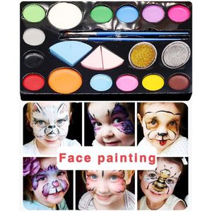 Kind Make-Up Set 16 Gezicht Verf Gezicht Verf Met 4 Stuks Borstel Voor Kids Schilderen Partijen Halloween 30 Stencils sponzen 10 D3X3