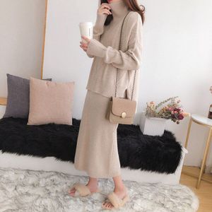 Winter Warm Vrouwen Set Gebreide Pakken Casual Vrouwelijke Twee Stukken Set Coltrui Losse Trui + Jurk Vrouwen Pak voor Lady