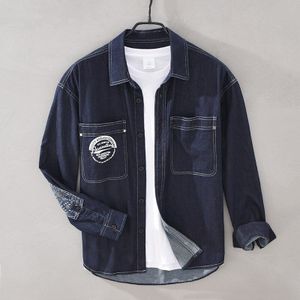 Denim Shirt Voor Mannen Lange Mouw Japan Stijl Herfst Winter 98% Katoen Turn-Down Kraag Print Cowboy Blouse mannelijke Kleding Y3456