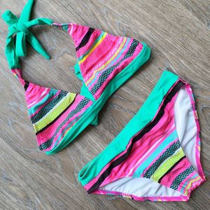 6-16 jaar Gestreepte Tiener Meisje Bikini Set Twee Stuk Kinderen Badmode Kids Badpak Halter Top Grote Meisje Baden pak Zwemkleding