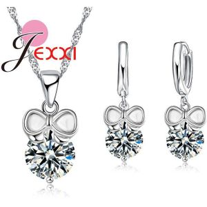 Zilveren Sieraden Set Strik Crystal Ball Ketting Oorbellen Retail Mode Vrouwen