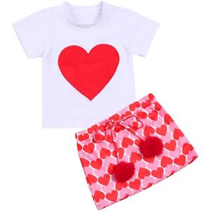 Baby Zomer Kleding Meisje Hart 2 Stuks Valentine Kleding Pak, korte Mouwen Ronde Hals Grote Hart T-shirt Korte A-lijn Rok