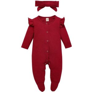 Baby Meisjes Effen Kleur Jumpsuit Lange Mouw Ronde Kraag Knop Open Voorzijde Een Stuk Kleding Wijn Rood/Roze/Paars Footies