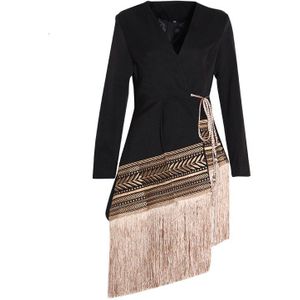 Twotwinstyle Losse Fit Spliced Contrast Kleur Tassel Riem Jas V-hals Lange Mouw Vrouwen Jas Mode Herfst Winter