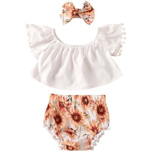 Baby Baby Meisjes Zomer Kleding 3Pcs Outfit Set Fly Mouw Top + Zonnebloem Print Shorts + Hoofdband Set