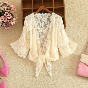 Women Three Quarter Sleeve Solid Sunscreen Clothes Lace Patchwork Cardigan 2022 Summer Versatile Thin Coat Feminino