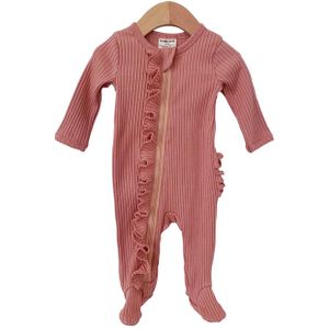 Pasgeboren Een Stuk Footed Pyjama, Baby Effen Kleur Lange Mouw Ronde Hals Ruche Nachtkleding