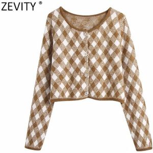 Zevity Vrouwen Mode O Hals Geometrische Print Korte Breien Trui Lady Lange Mouwen Breasted Chic Casual Vesten Tops S455