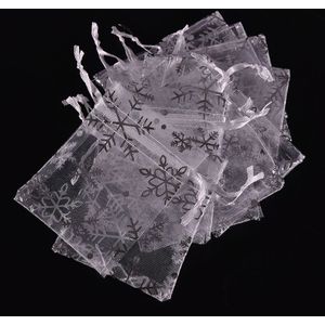 100 Pcs Wit Met Zilveren Sneeuwvlok Christmas Pouches Organza Zakjes Gunst Briefpapier Houder 7*9Cm