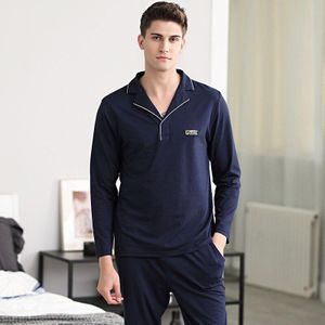 Elegante Katoenen Pyjama Mannen Herfst Modale Leisure Coltrui Thuis Kleding mannen Losse Plus Size Jeugd Pak Royal Blue Man nachtkleding