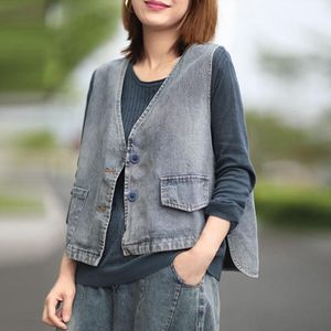 Johnature Herfst Koreaanse Effen Kleur V-hals Knop Alle-Wedstrijd Denim Vest Losse Leisure Retro Mode Vrouwen Tops vest