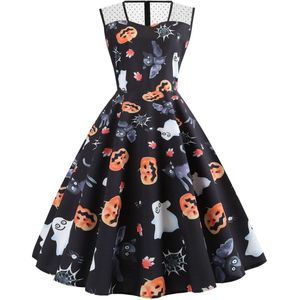 Halloween Kostuum Vrouw Jurk Mouwloze Vrouwen Jurk Bloemenprint Jurk Hoge Taille Terug Zipper Pompoen Hoofd Print Jurk