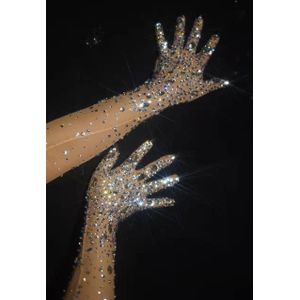 Stretch Rhinestone Handschoenen Vrouwen Fonkelende Kristallen Mesh Perspectief Lange Handschoenen Nachtclub Danser Zangeres Podium Accessoires