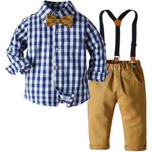 Top En Top Kleine Jongens Katoen Kleding Blauw Wit Plaid Shirt Tops Broek 2 Stuks Set Kind Dagelijks School Kleding informele Kostuum