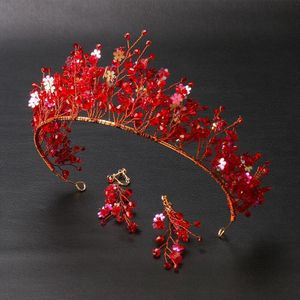 Red Crystal Crown Chinese-Stijl Bruiloft Hoofdtooi Handgemaakte Tiara Oorbellen Wedding Bridal Accessoires