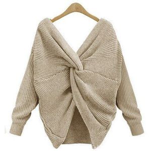 Sexy Effen Kleur Truien Vrouwen V-hals Twisted Terug Knoop Trui Lange Mouwen Jumper Trui One Size Losse Warm trui