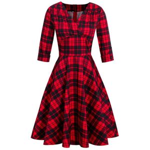 Tonval Ruches V-hals Hoge Taille 50S Vintage Gewaad Rode Plaid Pinup Jurk Vrouwen Herfst 3/4 Lengte Mouw Tartan midi Jurk Elegante