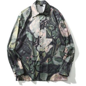 Dark Icoon Bloem Olieverf Groen Shirt Aankomst Losse Dunne Mannen Shirts Lange Mouw Blouse