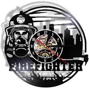 Firefighter Helm Vinyl Record Wandklok Brandweer Kantoor Vintage Decor Teken Brandbestrijding Rescue Brandweer Slient Horloge