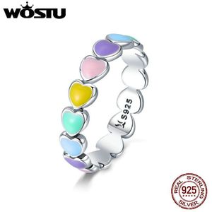 Wostu 925 Sterling Zilver Multi-color Regenboog Hart Vinger Ringen Voor Vrouwen Anniversary Ring Sieraden CQR444