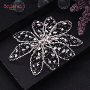 Youlapan Vintage Diamanten Hoofdband Bruiloft Haar Sieraden Bruids Kroon Zilveren Strass Bruiloft Tiara Veer Bruiloft Hoofddeksels