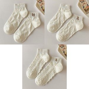 3 Pairs Vrouwen Katoenen Geborduurde Cartoon Liefde Dier Sokken Wit Casual Lente Zomer Dunne Katoenen Student Korte Sokken Eu 35-40