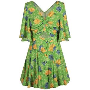 VGH Green Print Dress For Women V Neck Flare Half Sleeve High Waist Hollow Out Casual Mini Dresses Female Korean Summer Clothing