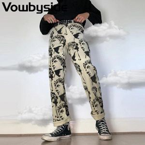 Mode Figuur Print Wit Gewassen Straight Losse Jeans Heren Tie Dye Graffiti Hip Hop Jeans Casual Denim Broek