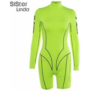 Sisterlinda Vrouwelijke Gestreepte Brief Afdrukken Rits Coltrui Skinny Lange Mouwen Korte Jumpsuit Motorfiets Fietsen Sportkleding Mujer