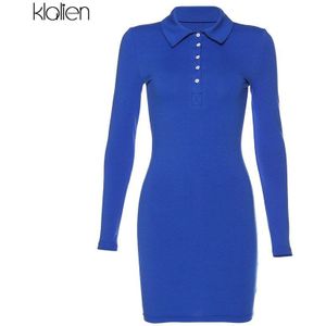 KLALIEN lente solid lange mouwen Bodycon katoen Revers Tee Jurk Vrouwen simple Casual Office Lady straat mini Jurken mujer