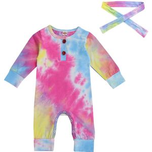 Focusnorm 0-18M Baby Meisjes Jongens Tie-Dye Rompertjes Lange Mouw Print Button Herfst Jumpsuits Hoofdband 2 stuks