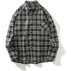 GONTHWID Harajuku Voorzak Lange Mouwen Plaid Shirts Mannen Mode Toevallige Jas Hip Hop Streetwear Shirt Tops Mannelijke