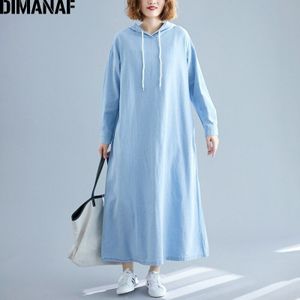 Dimanaf Plus Size Vrouwen Jurk Herfst Winter Denim Losse Hooded Lange Mouwen Vrouwelijke Vestidos Casual Basic Jeans Maxi Jurk